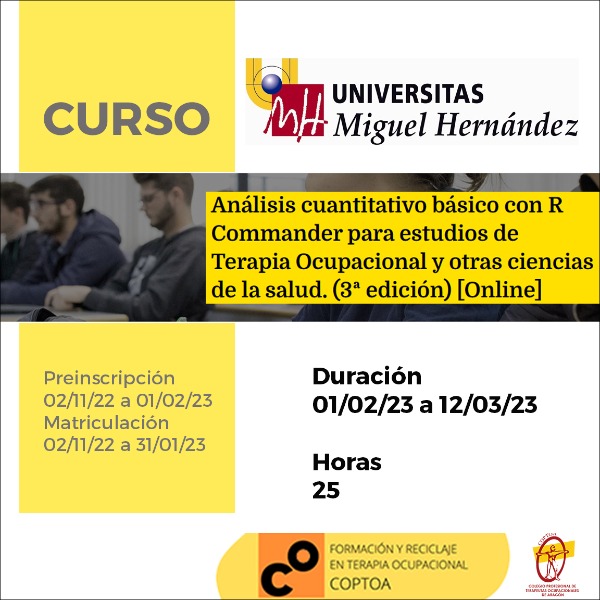 Imagen del curso Análisis cuantitativo básico con R Commander para estudios de terapia ocupacional y otras ciencias de la salud. 3ª edición